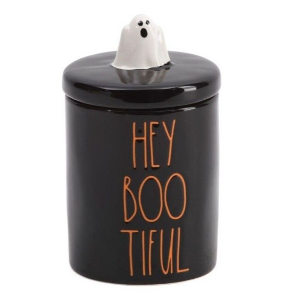 Rae Dunn Fall Halloween Ghost Canister Jar with Lid "Hey Boo-Tiful" 5x4